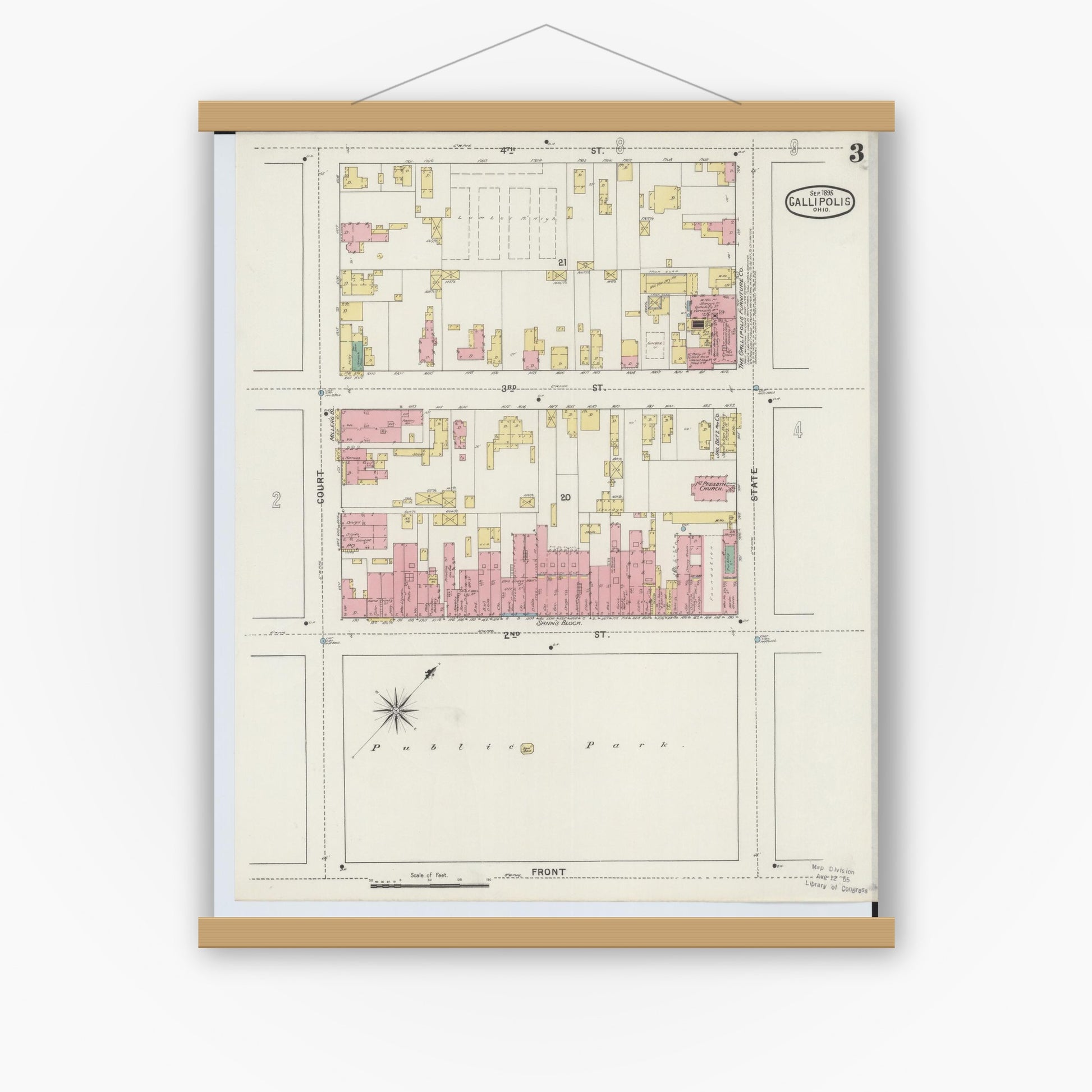 Old map wall art mockup — magnetic wood frame on white wall — Sanborn Fire Insurance Map from Gallipolis, Gallia County, Ohio (1895), Sheet #0003