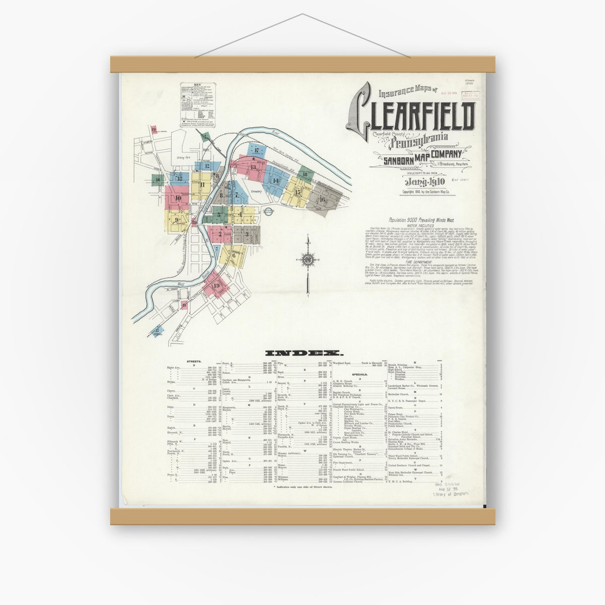 Old map wall art mockup — magnetic wood frame on white wall — Sanborn Fire Insurance Map from Clearfield, Clearfield County, Pennsylvania (1911), Sheet #0001