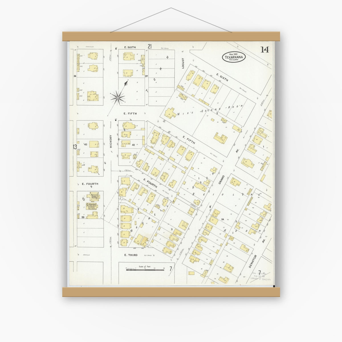 Old map wall art mockup — magnetic wood frame on white wall — Sanborn Fire Insurance Map from Texarkana, Bowie County, Texas (1909), Sheet #0014