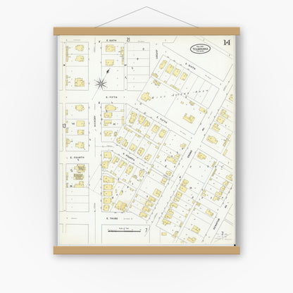 Old map wall art mockup — magnetic wood frame on white wall — Sanborn Fire Insurance Map from Texarkana, Bowie County, Texas (1909), Sheet #0014