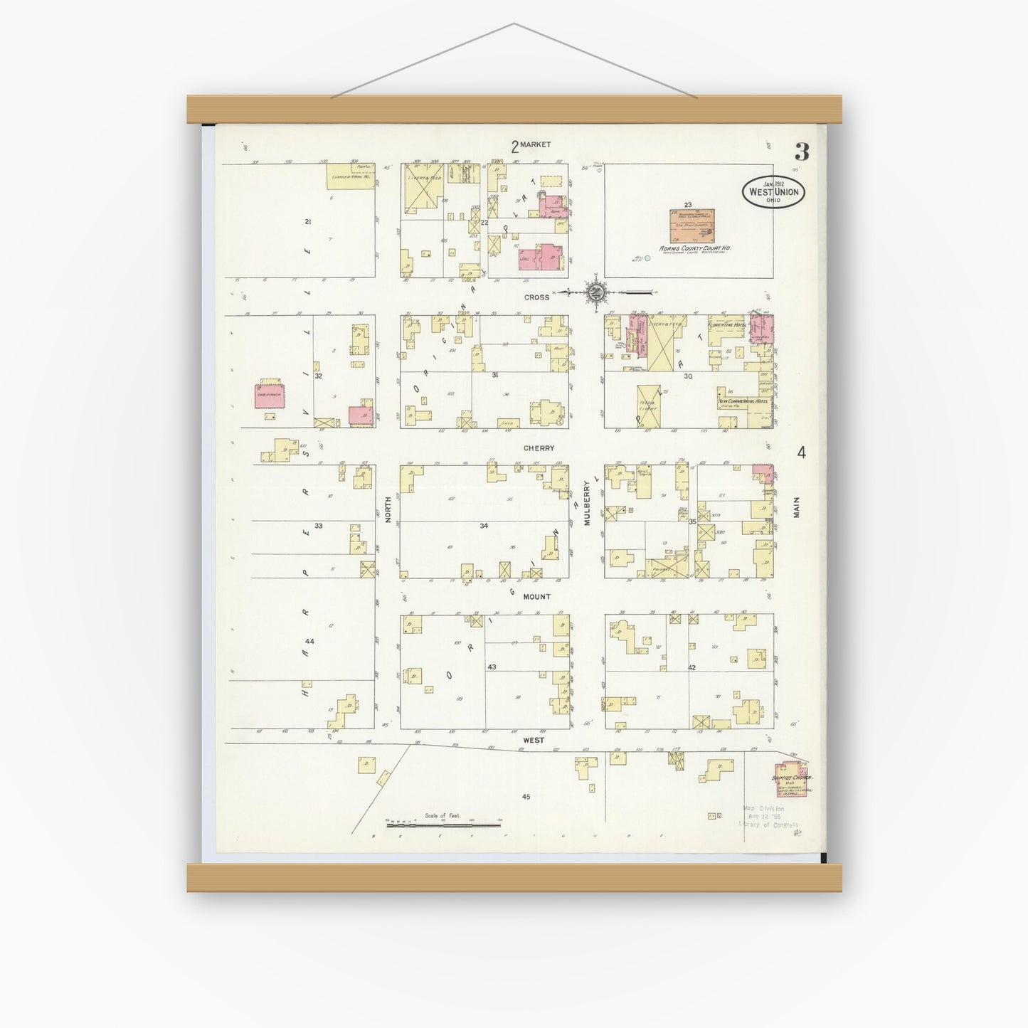 Old map wall art mockup — magnetic wood frame on white wall — Sanborn Fire Insurance Map from West Union, Adams County, Ohio (1912), Sheet #0003