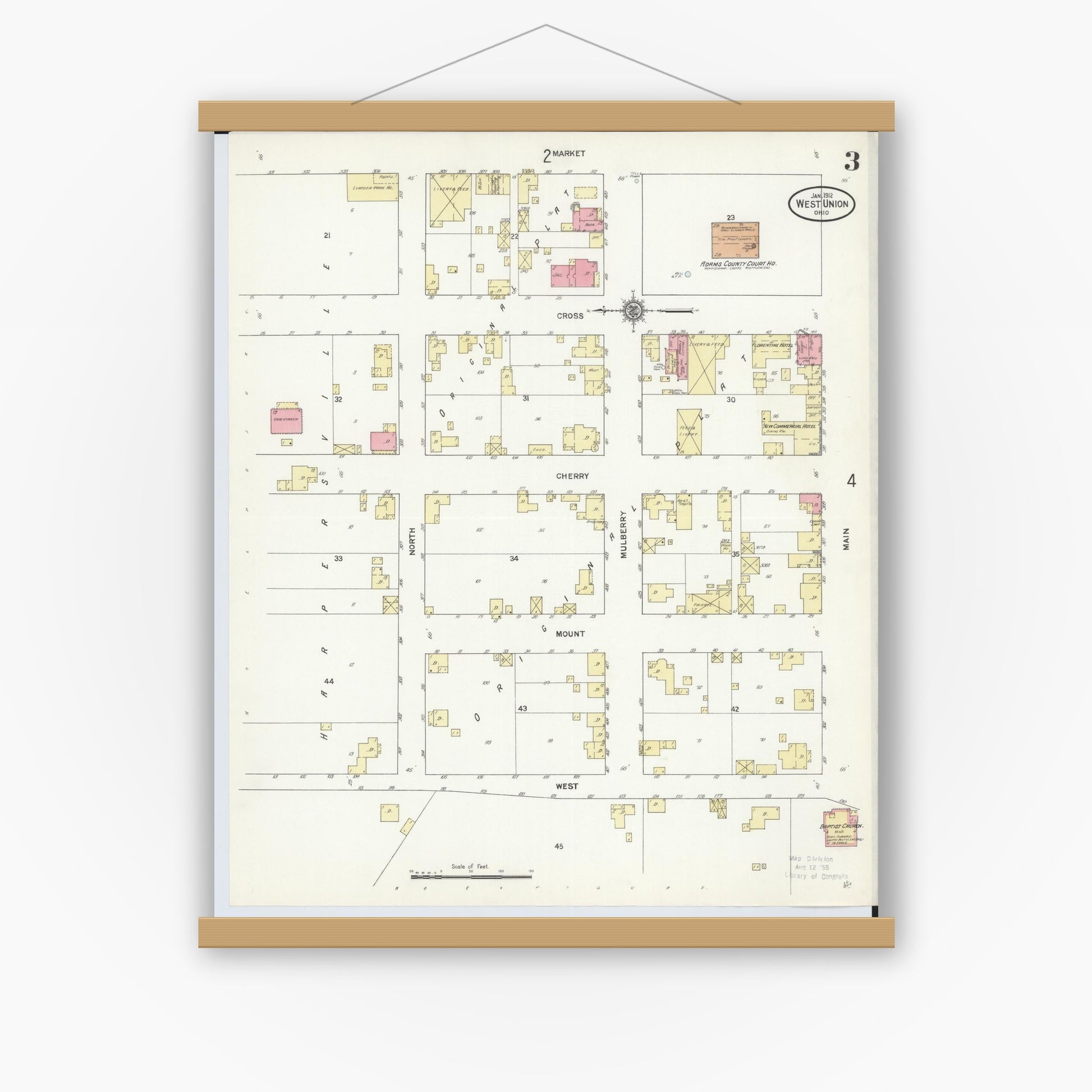 Old map wall art mockup — magnetic wood frame on white wall — Sanborn Fire Insurance Map from West Union, Adams County, Ohio (1912), Sheet #0003