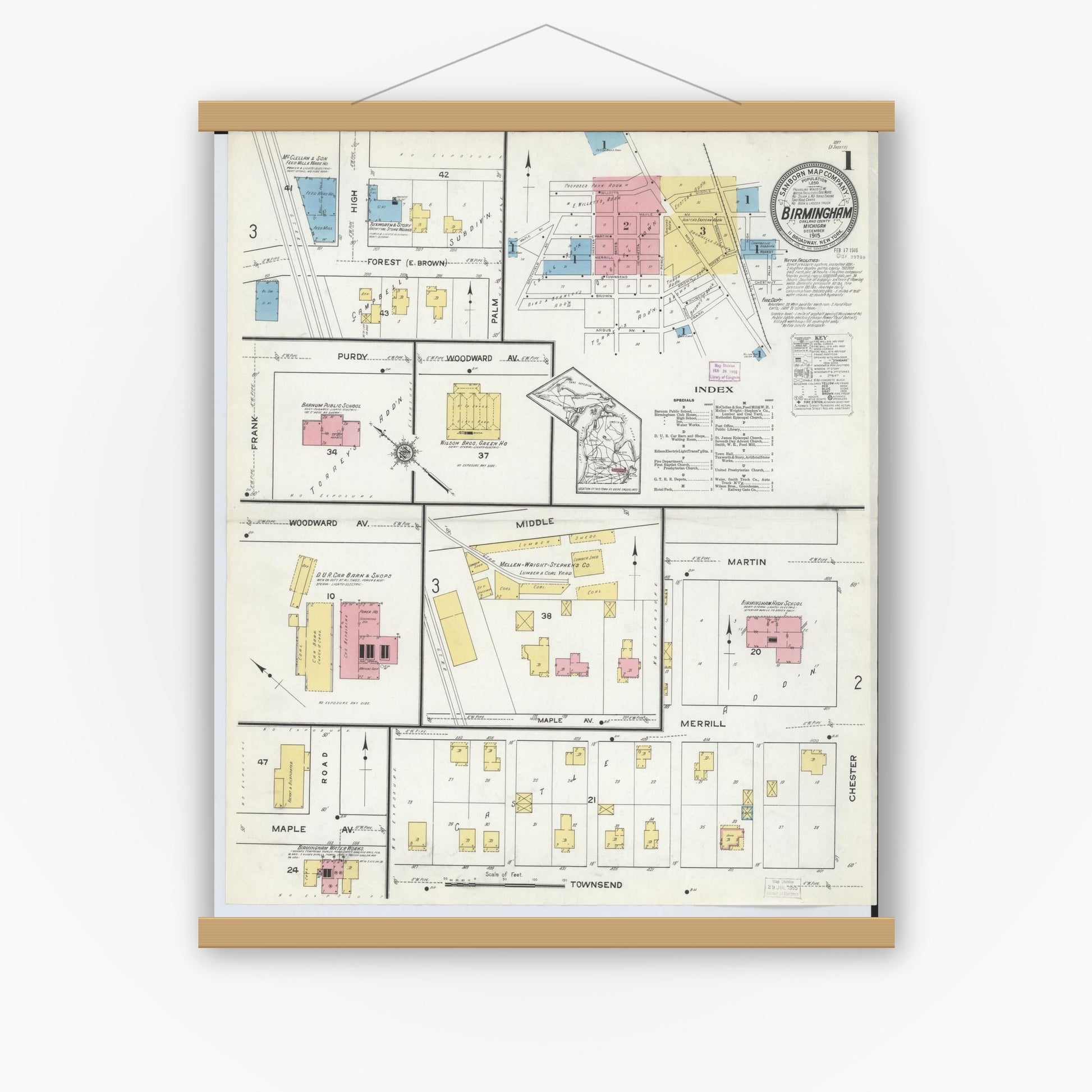 Old map wall art mockup — magnetic wood frame on white wall — Sanborn Fire Insurance Map from Birmingham, Oakland County, Michigan (1915), Sheet #0001