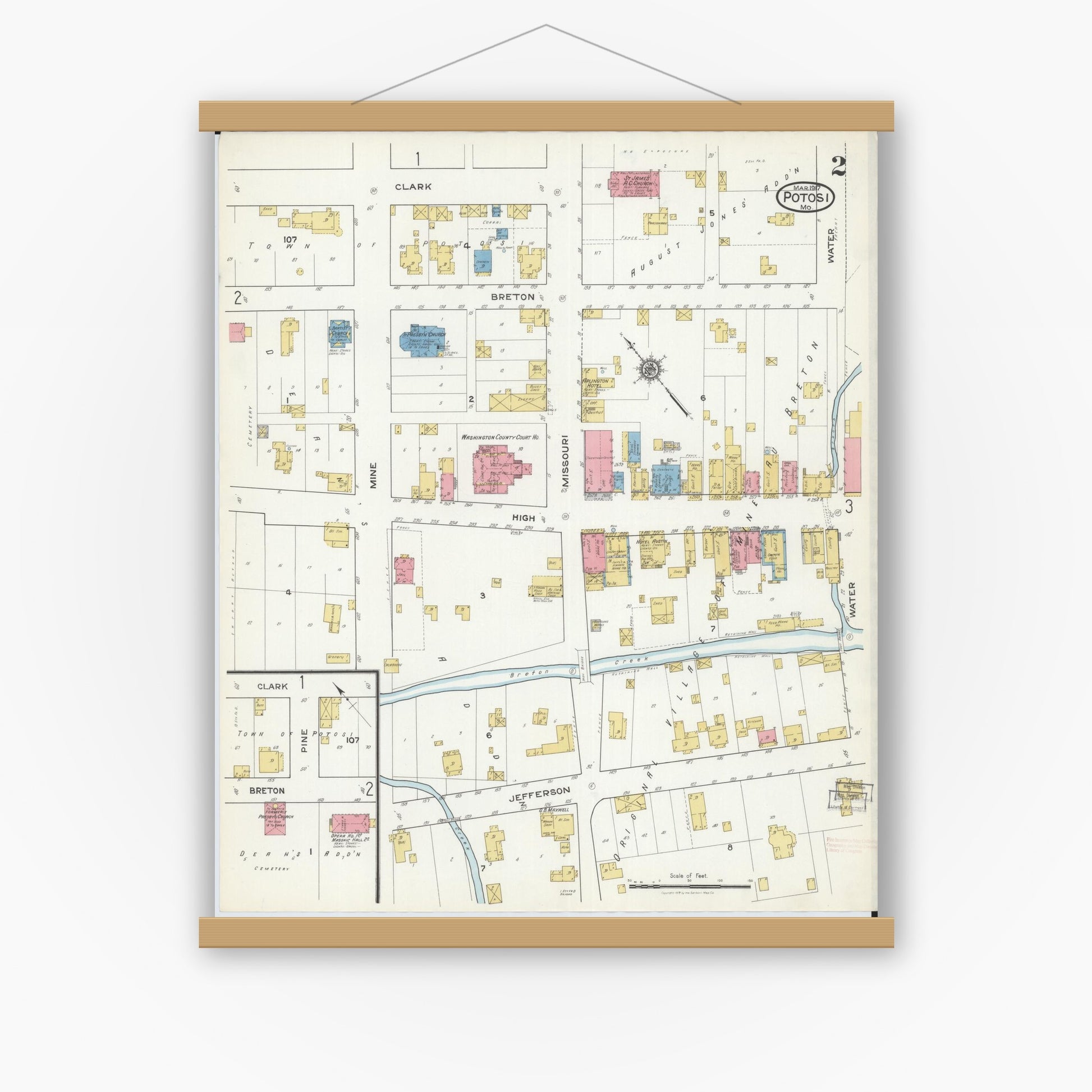 Old map wall art mockup — magnetic wood frame on white wall — Sanborn Fire Insurance Map from Potosi, Washington County, Missouri (1917), Sheet #0002
