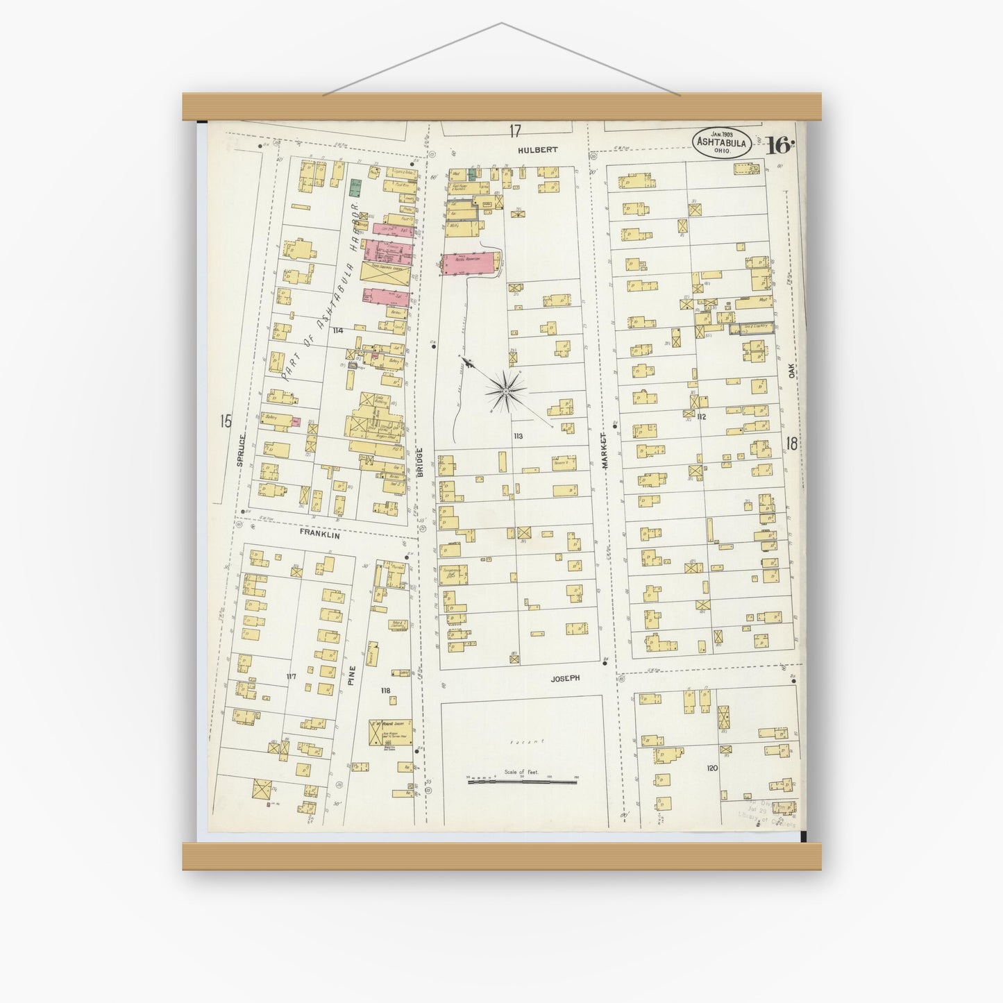 Old map wall art mockup — magnetic wood frame on white wall — Sanborn Fire Insurance Map from Ashtabula, Ashtabula County, Ohio (1903), Sheet #0016