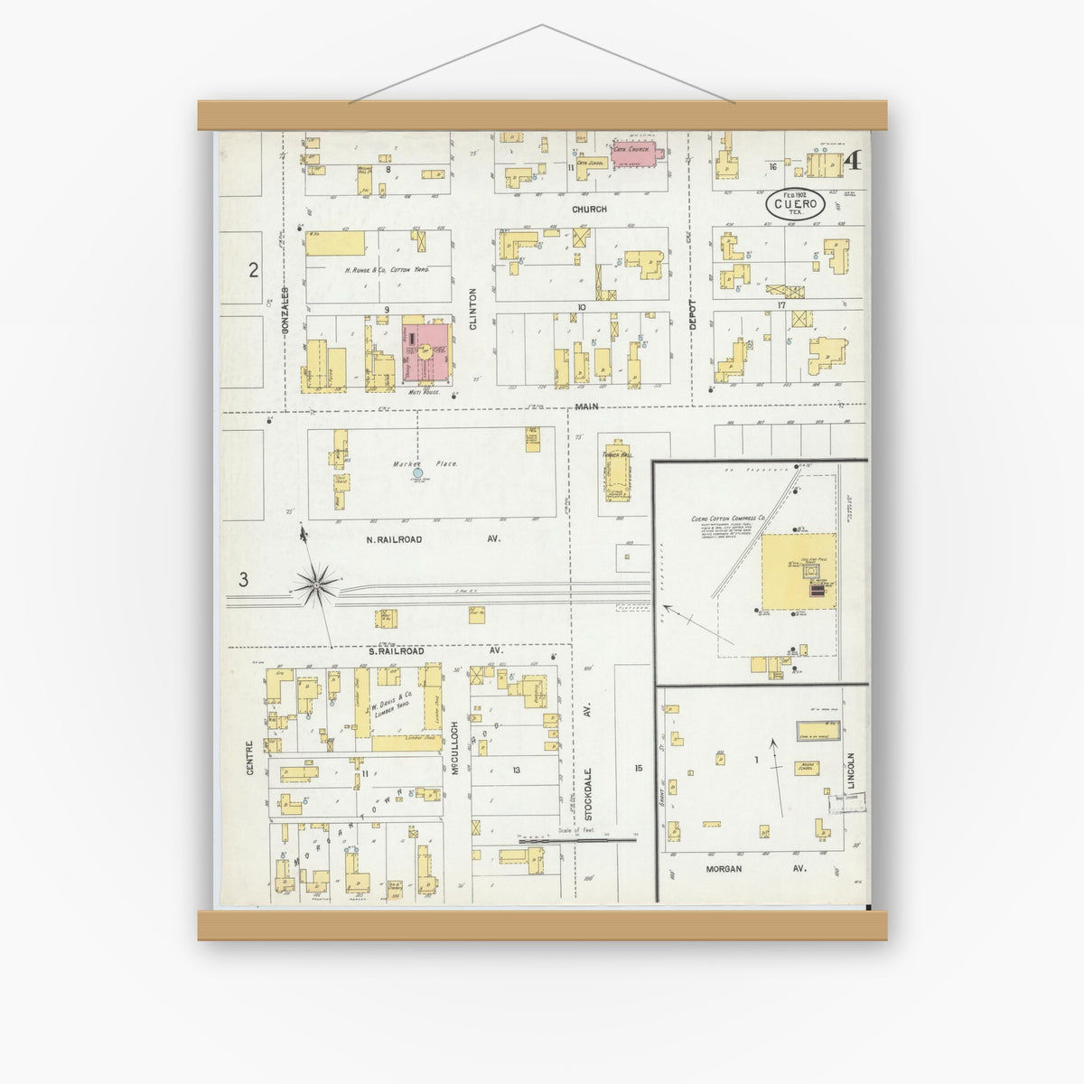 Old map wall art mockup — magnetic wood frame on white wall — Sanborn Fire Insurance Map from Cuero, De Witt County, Texas (1902), Sheet #0004