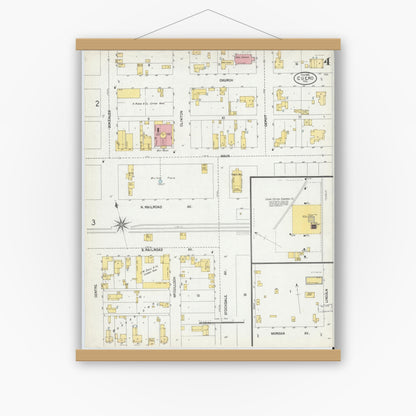 Old map wall art mockup — magnetic wood frame on white wall — Sanborn Fire Insurance Map from Cuero, De Witt County, Texas (1902), Sheet #0004