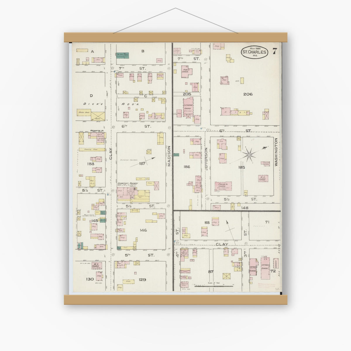 Old map wall art mockup — magnetic wood frame on white wall — Sanborn Fire Insurance Map from Saint Charles, Saint Charles County, Missouri (1886), Sheet #0007