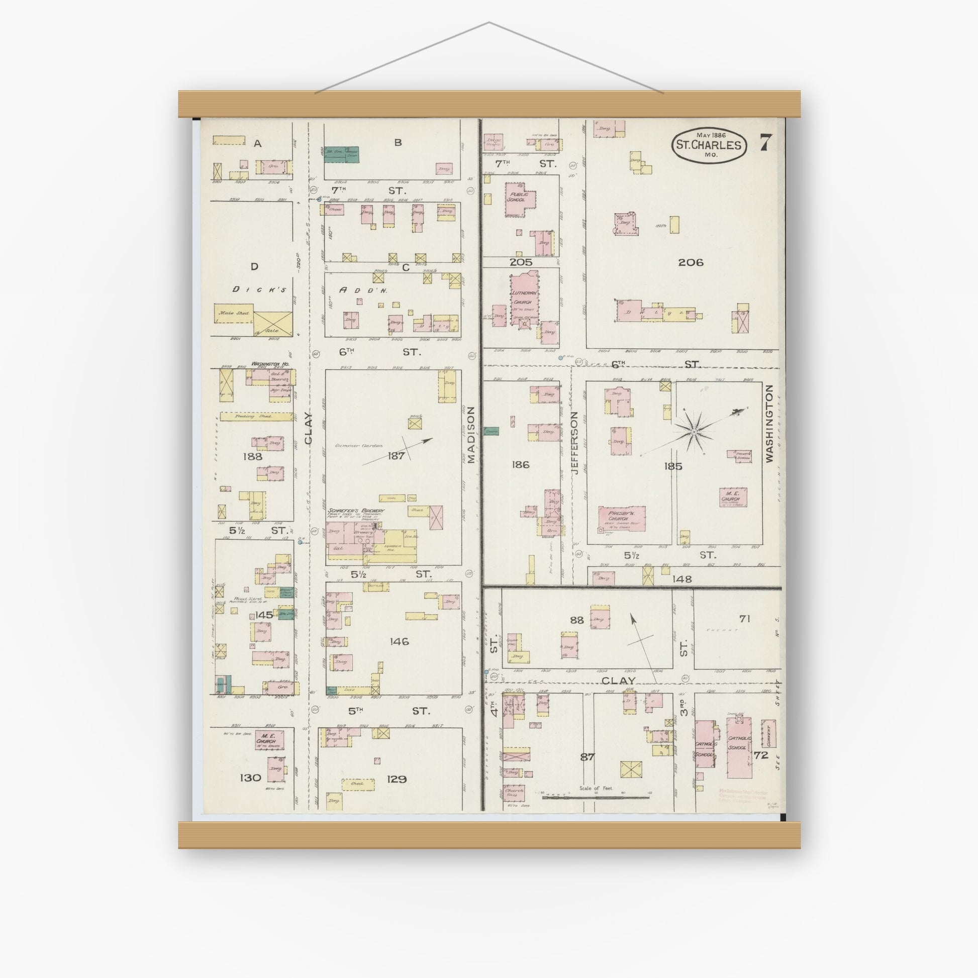 Old map wall art mockup — magnetic wood frame on white wall — Sanborn Fire Insurance Map from Saint Charles, Saint Charles County, Missouri (1886), Sheet #0007