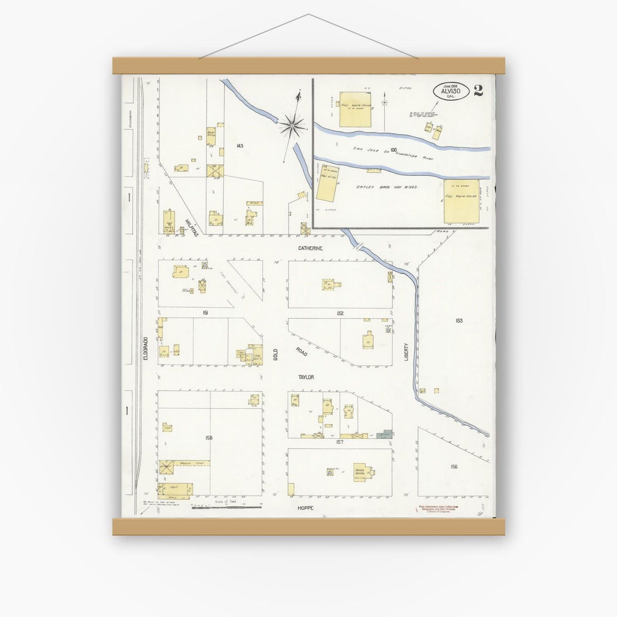 Old map wall art mockup — magnetic wood frame on white wall — Sanborn Fire Insurance Map from Alviso, Santa Clara County, California (1908), Sheet #0002