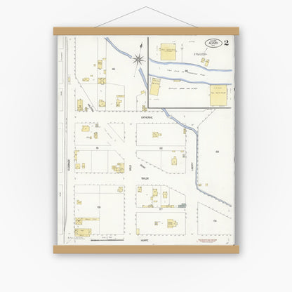 Old map wall art mockup — magnetic wood frame on white wall — Sanborn Fire Insurance Map from Alviso, Santa Clara County, California (1908), Sheet #0002