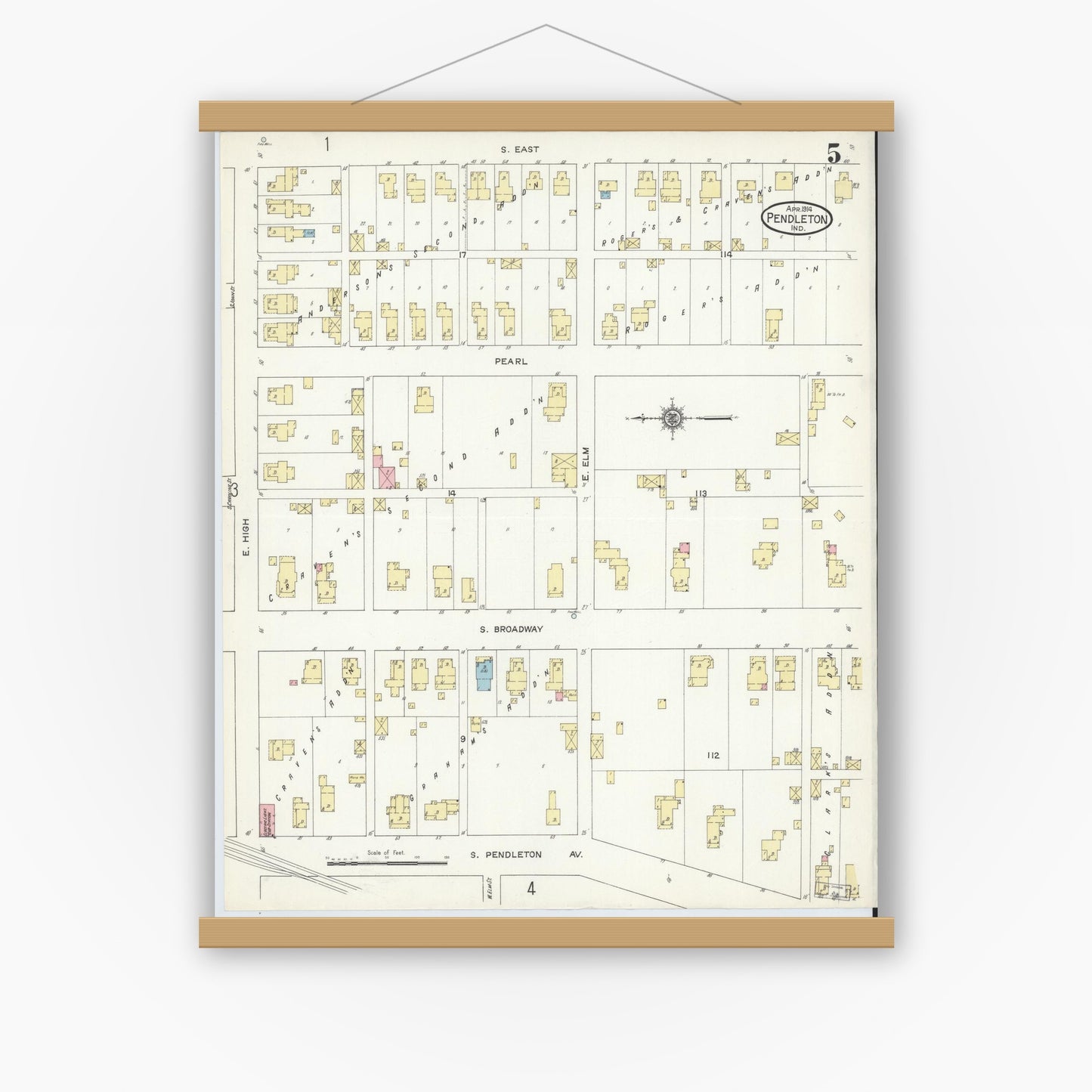 Old map wall art mockup — magnetic wood frame on white wall — Sanborn Fire Insurance Map from Pendleton, Madison County, Indiana (1914), Sheet #0005