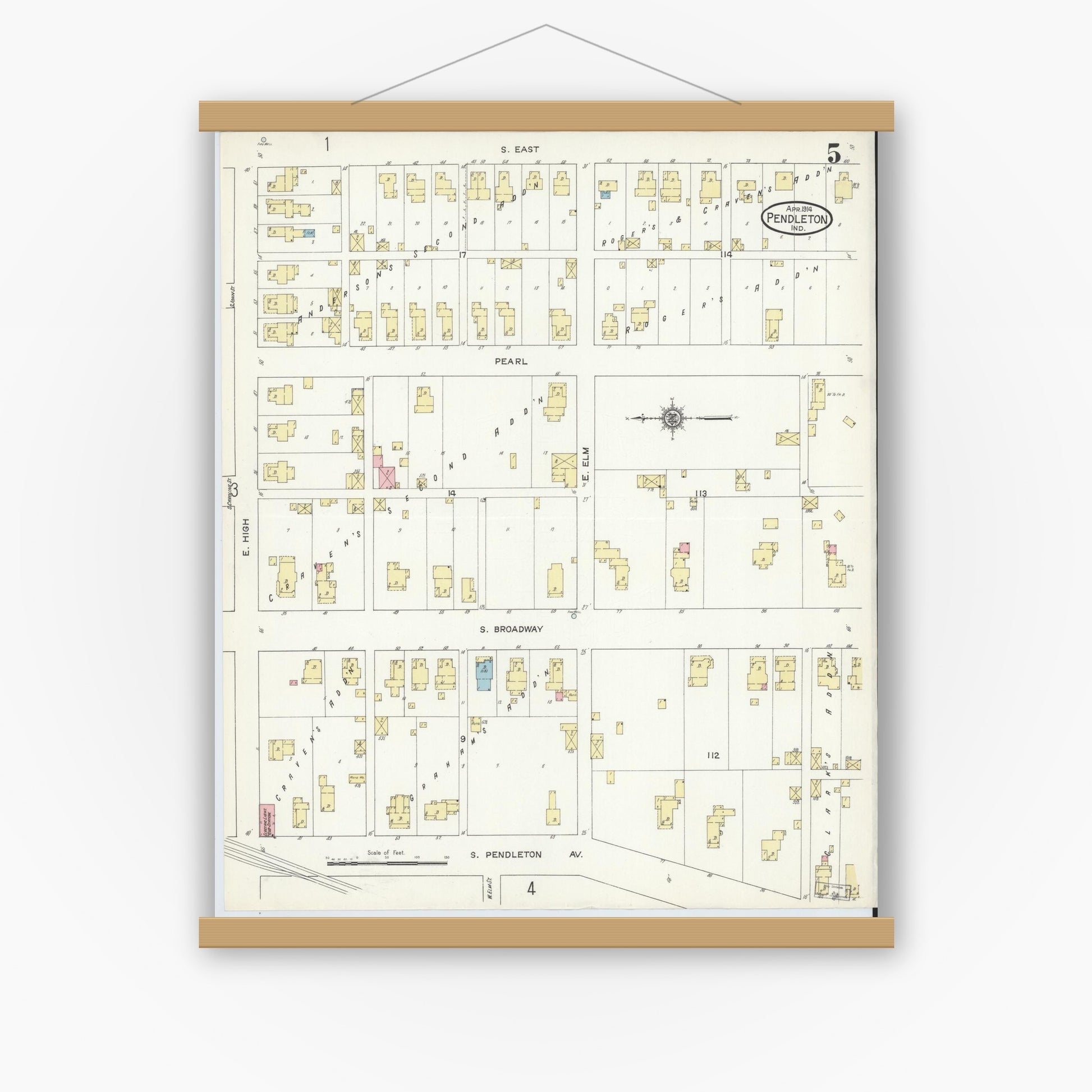Old map wall art mockup — magnetic wood frame on white wall — Sanborn Fire Insurance Map from Pendleton, Madison County, Indiana (1914), Sheet #0005