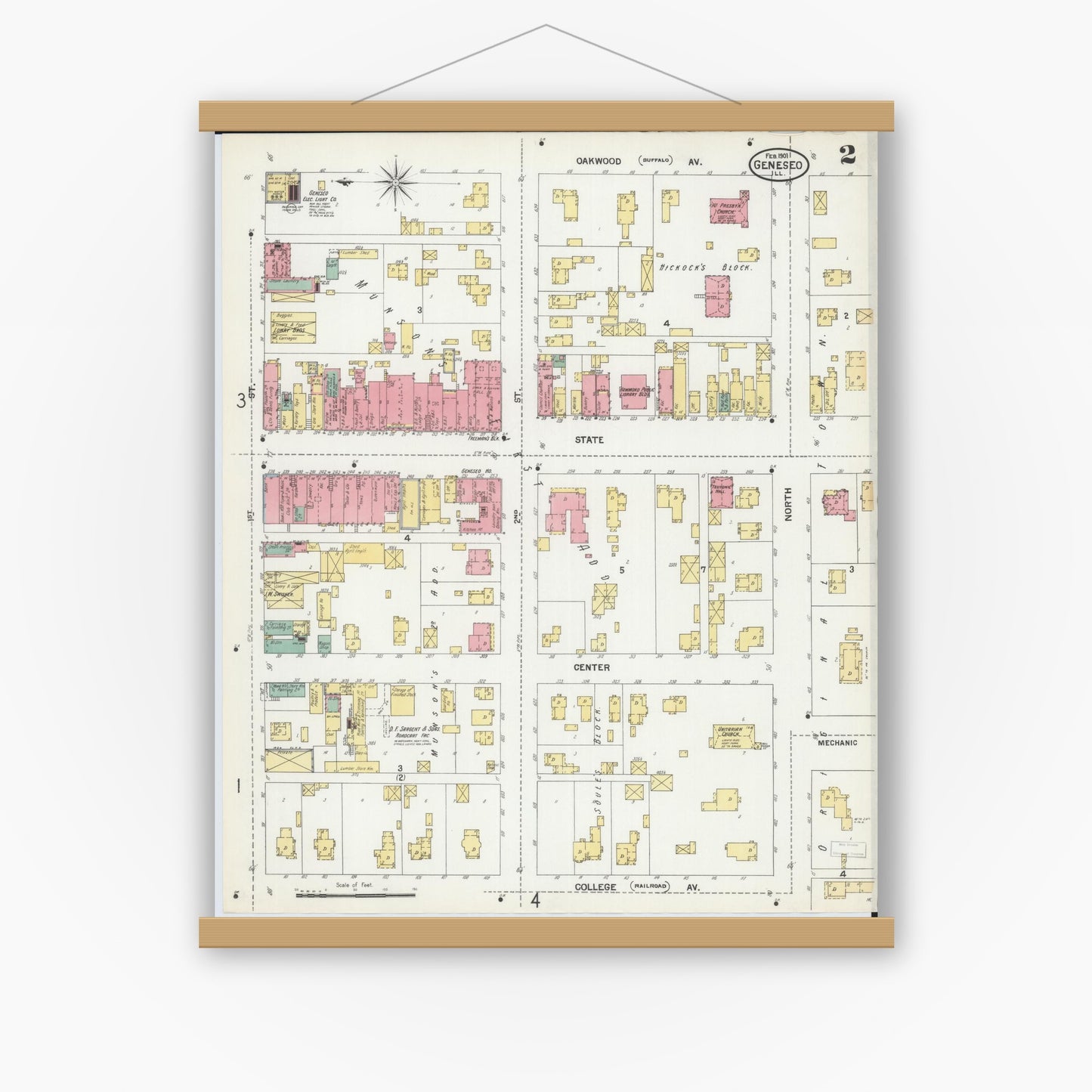 Old map wall art mockup — magnetic wood frame on white wall — Sanborn Fire Insurance Map from Geneseo, Henry County, Illinois (1901), Sheet #0002