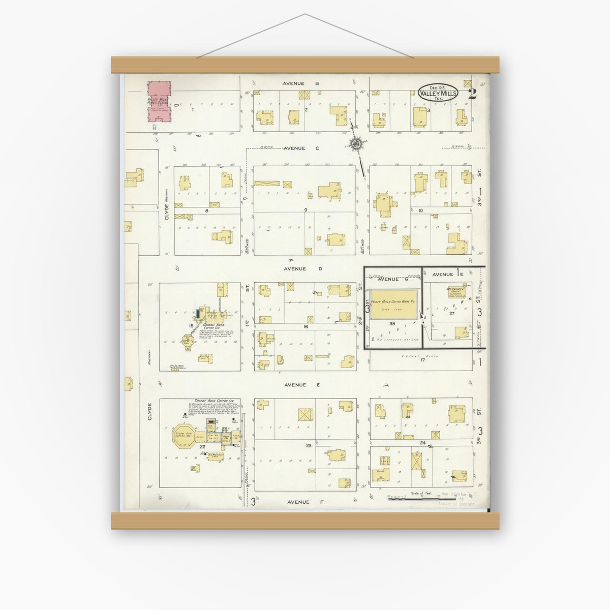 Old map wall art mockup — magnetic wood frame on white wall — Sanborn Fire Insurance Map from Valley Mills, Bosque County, Texas (1915), Sheet #0002