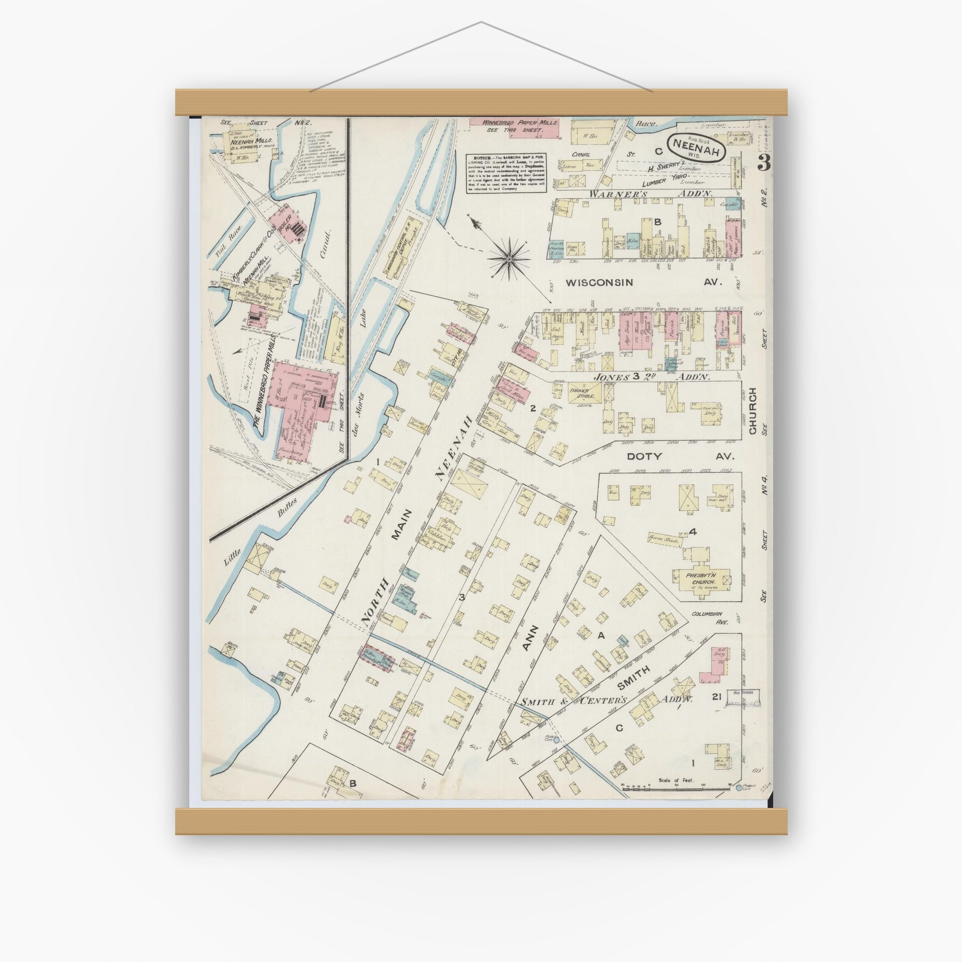 Old map wall art mockup — magnetic wood frame on white wall — Sanborn Fire Insurance Map from Neenah, Winnebago County, Wisconsin (1884), Sheet #0003