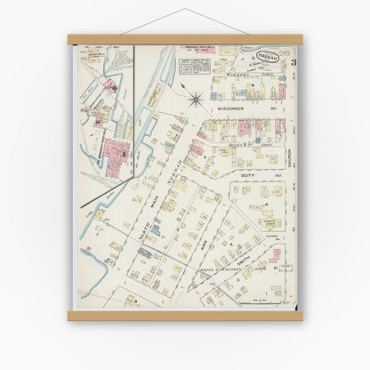 Old map wall art mockup — magnetic wood frame on white wall — Sanborn Fire Insurance Map from Neenah, Winnebago County, Wisconsin (1884), Sheet #0003