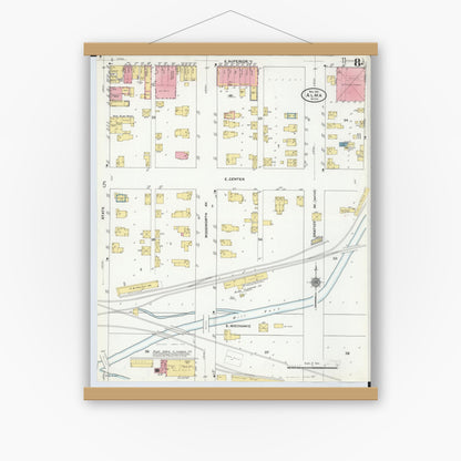 Old map wall art mockup — magnetic wood frame on white wall — Sanborn Fire Insurance Map from Alma, Gratiot County, Michigan (1910), Sheet #0008