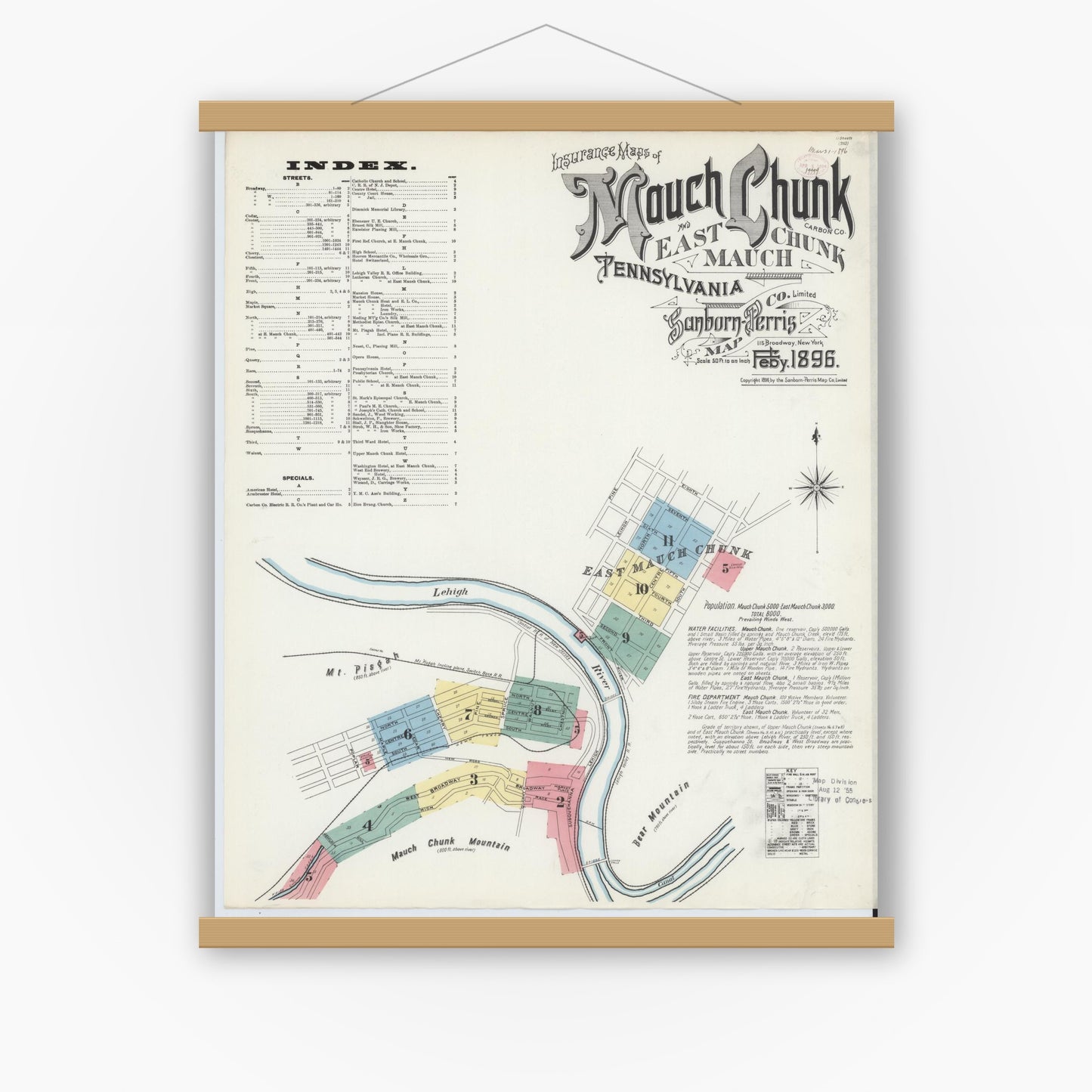 Old map wall art mockup — magnetic wood frame on white wall — Sanborn Fire Insurance Map from Mauch Chunk, Carbon County, Pennsylvania (1896) - Complete Map Set