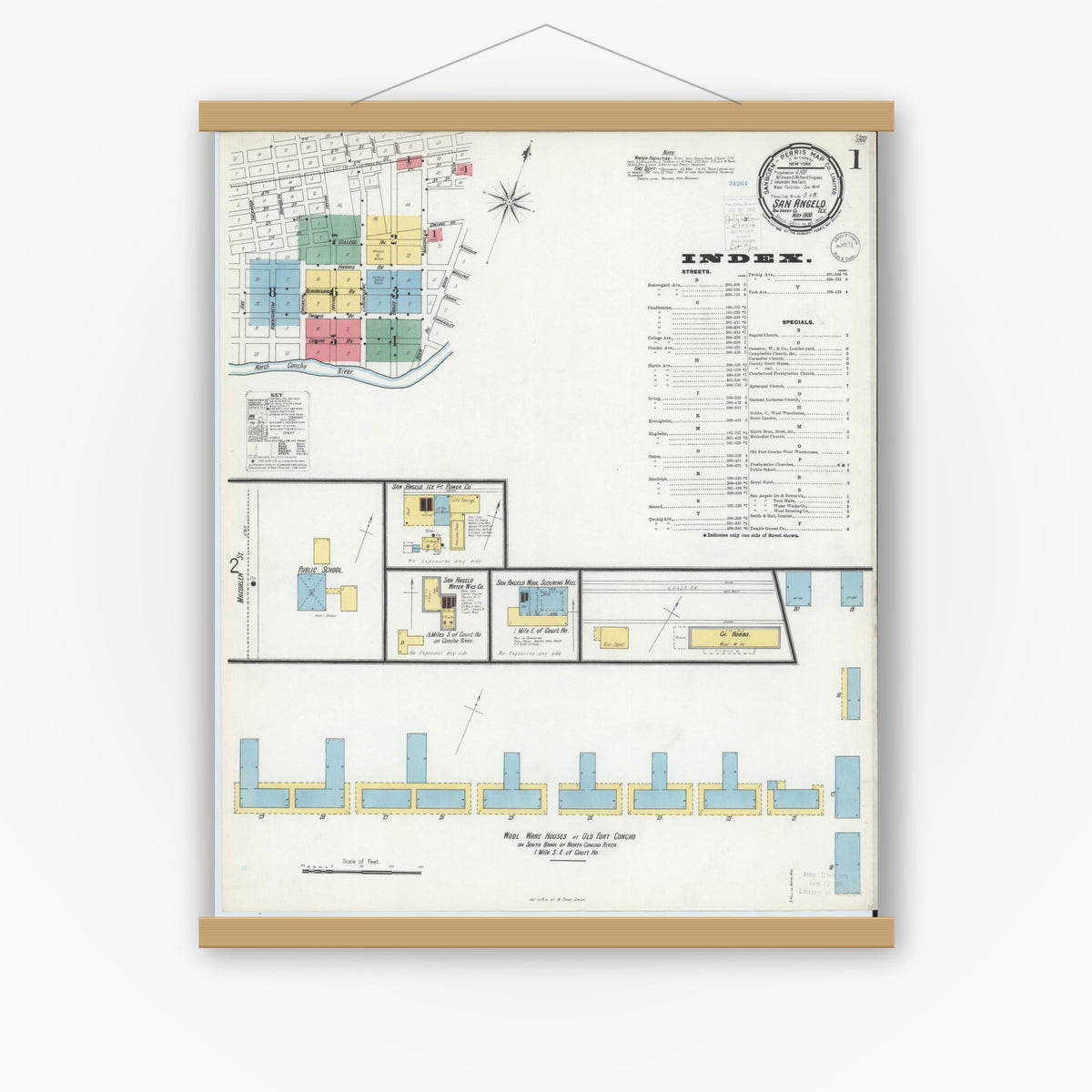 Old map wall art mockup — magnetic wood frame on white wall — Sanborn Fire Insurance Map from San Angelo, Tom Green County, Texas (1900), Sheet #0001