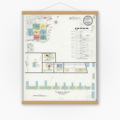 Old map wall art mockup — magnetic wood frame on white wall — Sanborn Fire Insurance Map from San Angelo, Tom Green County, Texas (1900), Sheet #0001