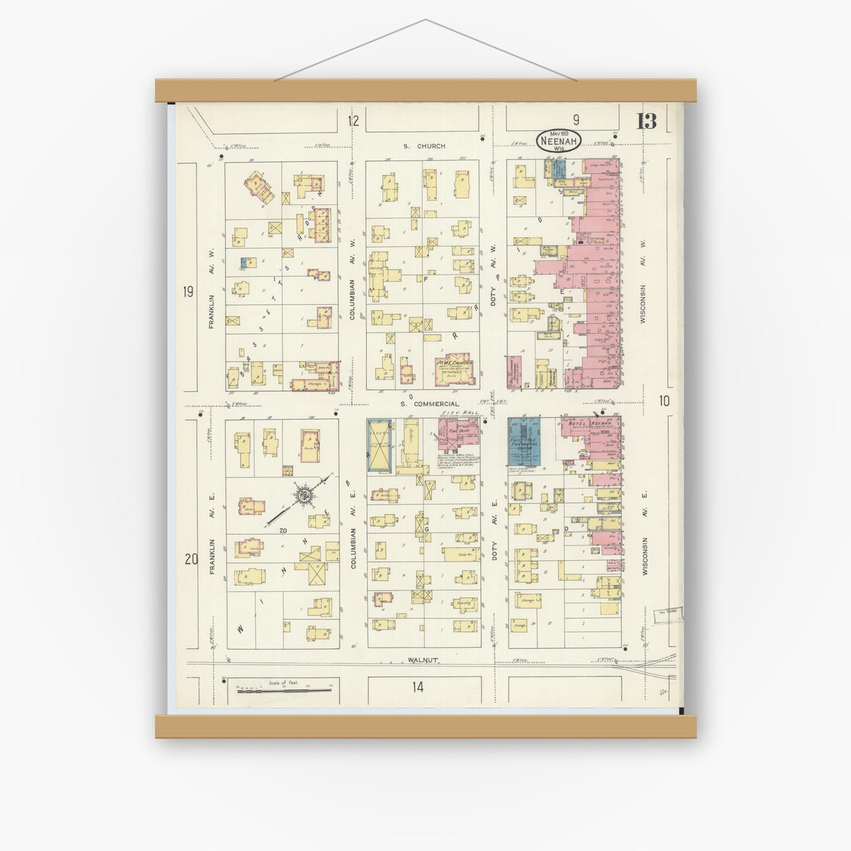Old map wall art mockup — magnetic wood frame on white wall — Sanborn Fire Insurance Map from Neenah, Winnebago County, Wisconsin (1913), Sheet #0013