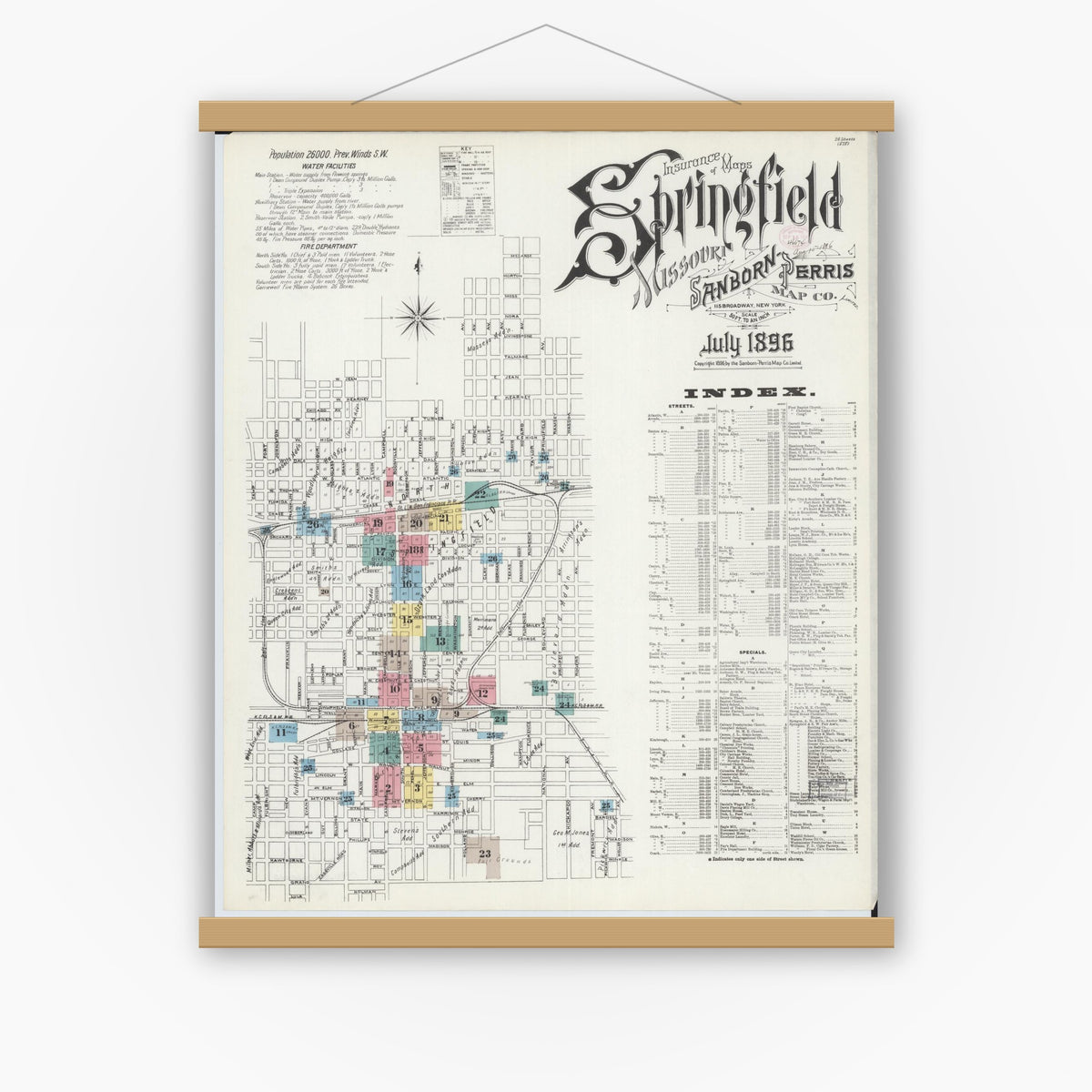 Old map wall art mockup — magnetic wood frame on white wall — Sanborn Fire Insurance Map from Springfield, Greene County, Missouri (1896), Sheet #0001