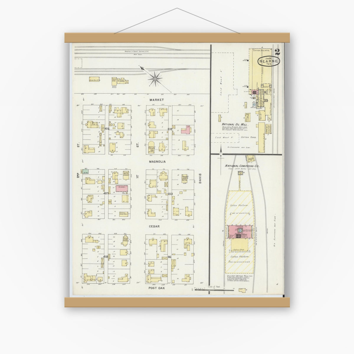 Old map wall art mockup — magnetic wood frame on white wall — Sanborn Fire Insurance Map from Hearne, Robertson County, Texas (1896), Sheet #0002