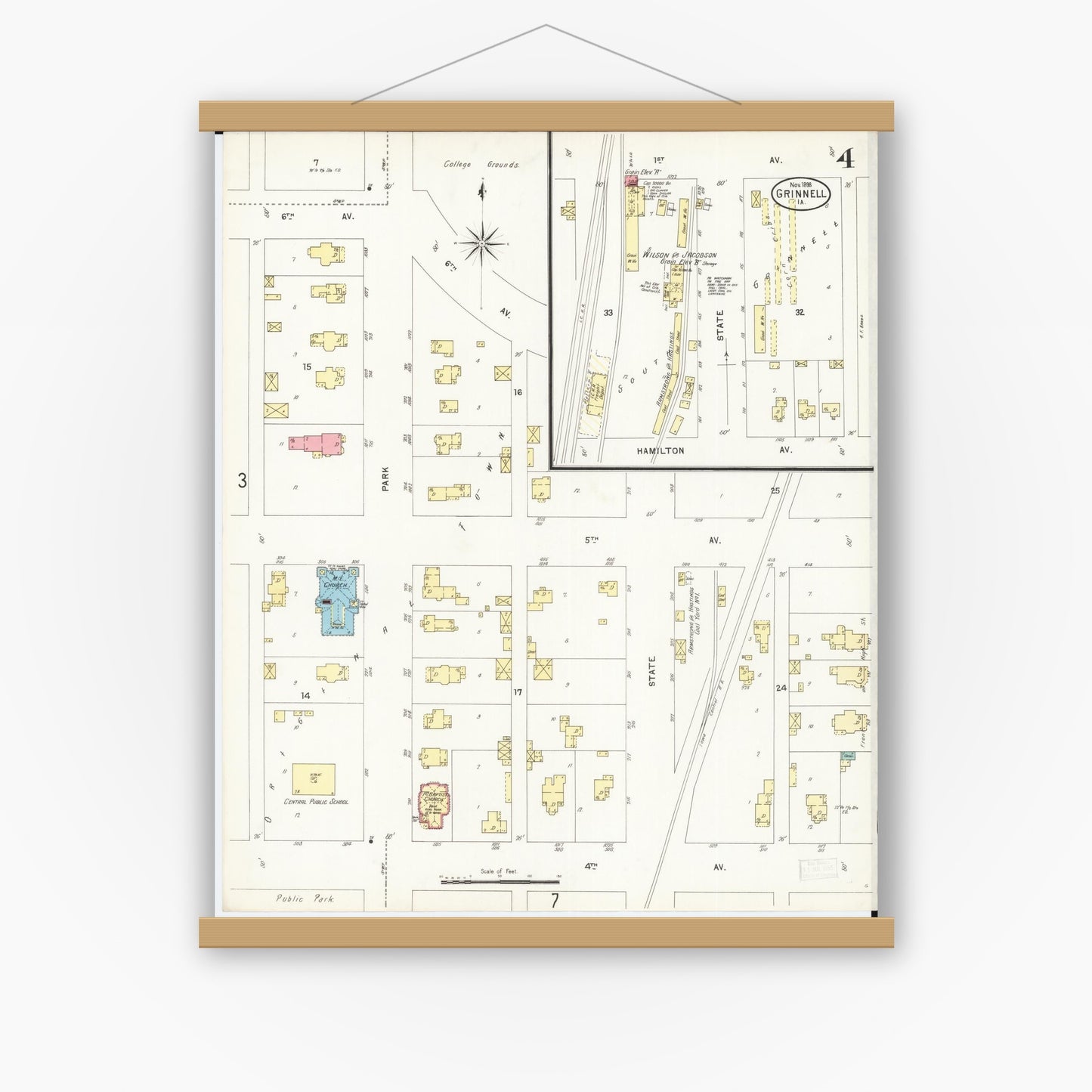 Old map wall art mockup — magnetic wood frame on white wall — Sanborn Fire Insurance Map from Grinnell, Poweshiek County, Iowa (1898), Sheet #0004