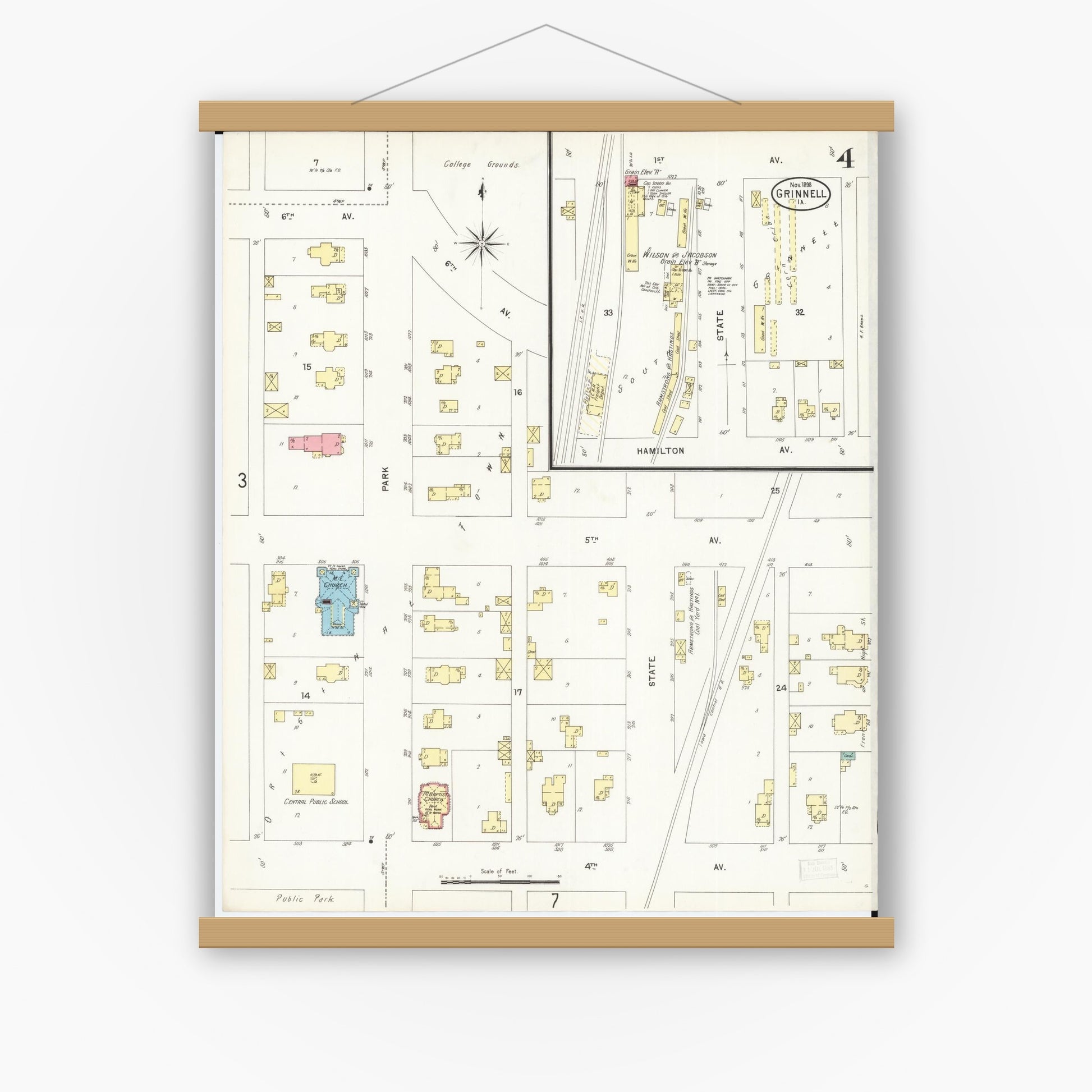 Old map wall art mockup — magnetic wood frame on white wall — Sanborn Fire Insurance Map from Grinnell, Poweshiek County, Iowa (1898), Sheet #0004