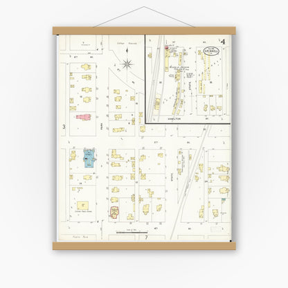 Old map wall art mockup — magnetic wood frame on white wall — Sanborn Fire Insurance Map from Grinnell, Poweshiek County, Iowa (1898), Sheet #0004