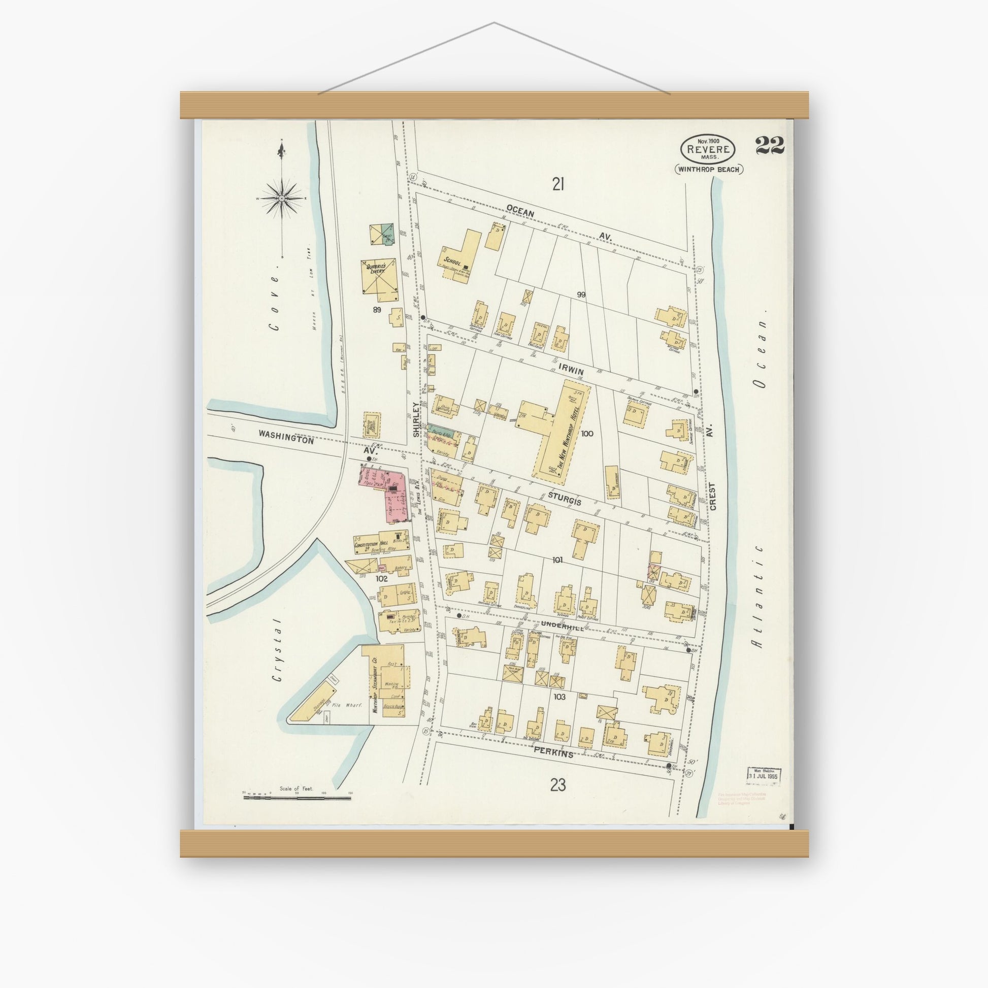 Old map wall art mockup — magnetic wood frame on white wall — Sanborn Fire Insurance Map from Revere, Suffolk County, Massachusetts (1900), Sheet #0022