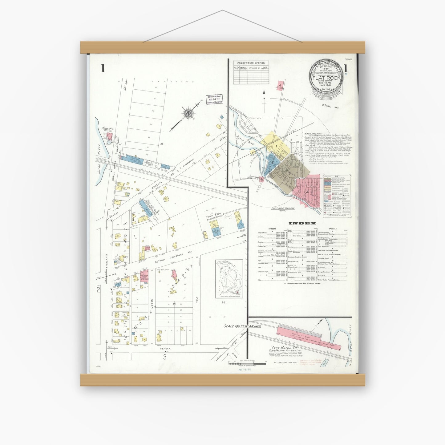 Old map wall art mockup — magnetic wood frame on white wall — Sanborn Fire Insurance Map from Flat Rock, Wayne County, Michigan (1941) - Complete Map Set