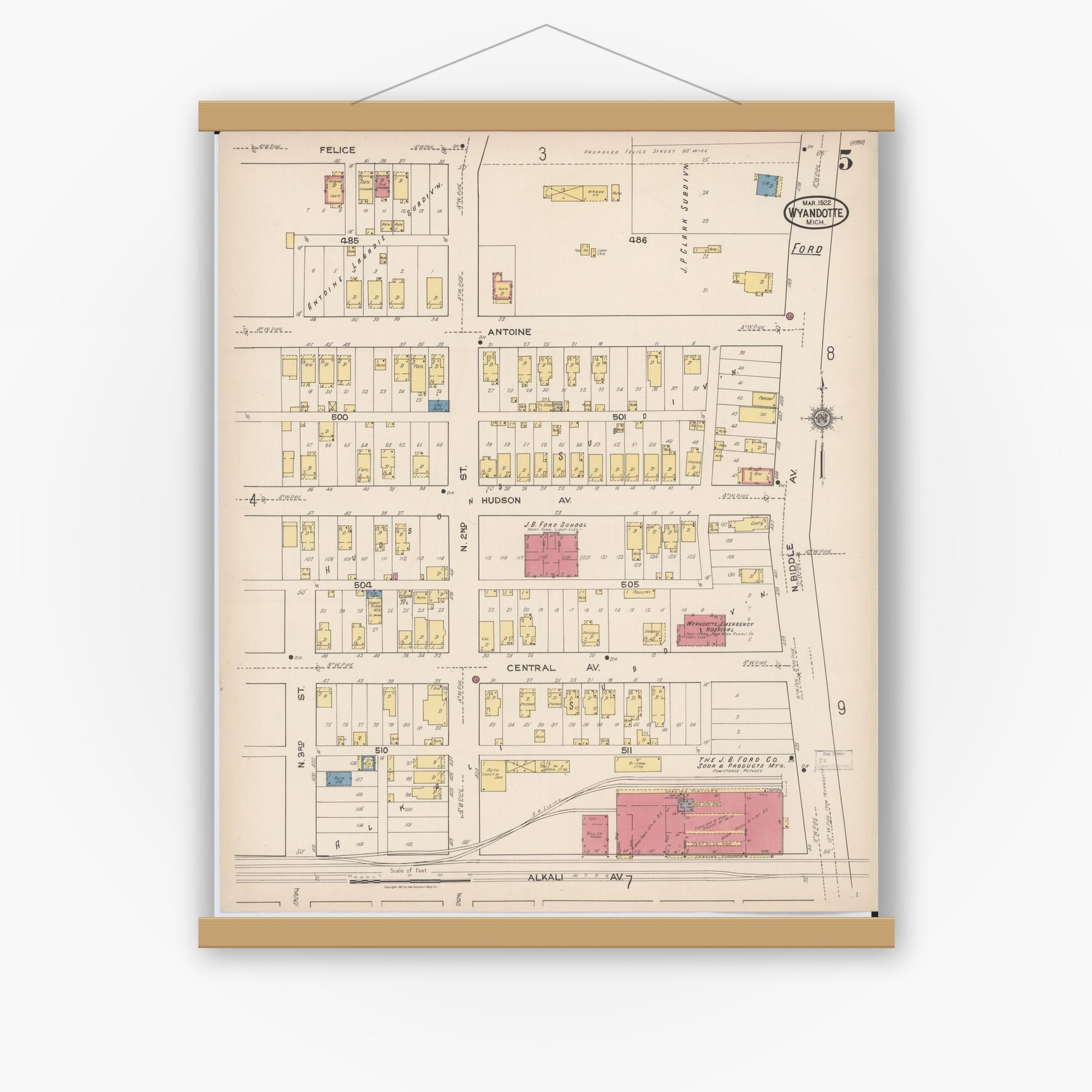 Old map wall art mockup — magnetic wood frame on white wall — Sanborn Fire Insurance Map from Wyandotte, Wayne County, Michigan (1922), Sheet #0005