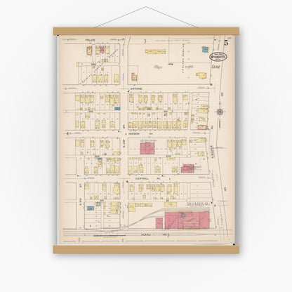 Old map wall art mockup — magnetic wood frame on white wall — Sanborn Fire Insurance Map from Wyandotte, Wayne County, Michigan (1922), Sheet #0005