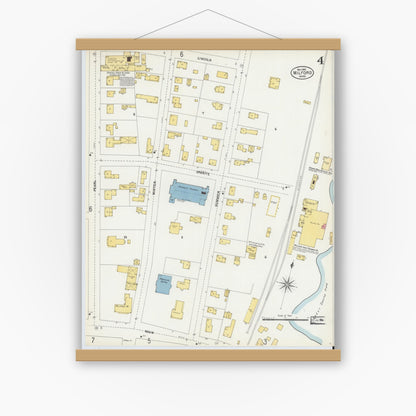 Old map wall art mockup — magnetic wood frame on white wall — Sanborn Fire Insurance Map from Milford, Worcester County, Massachusetts (1903), Sheet #0004