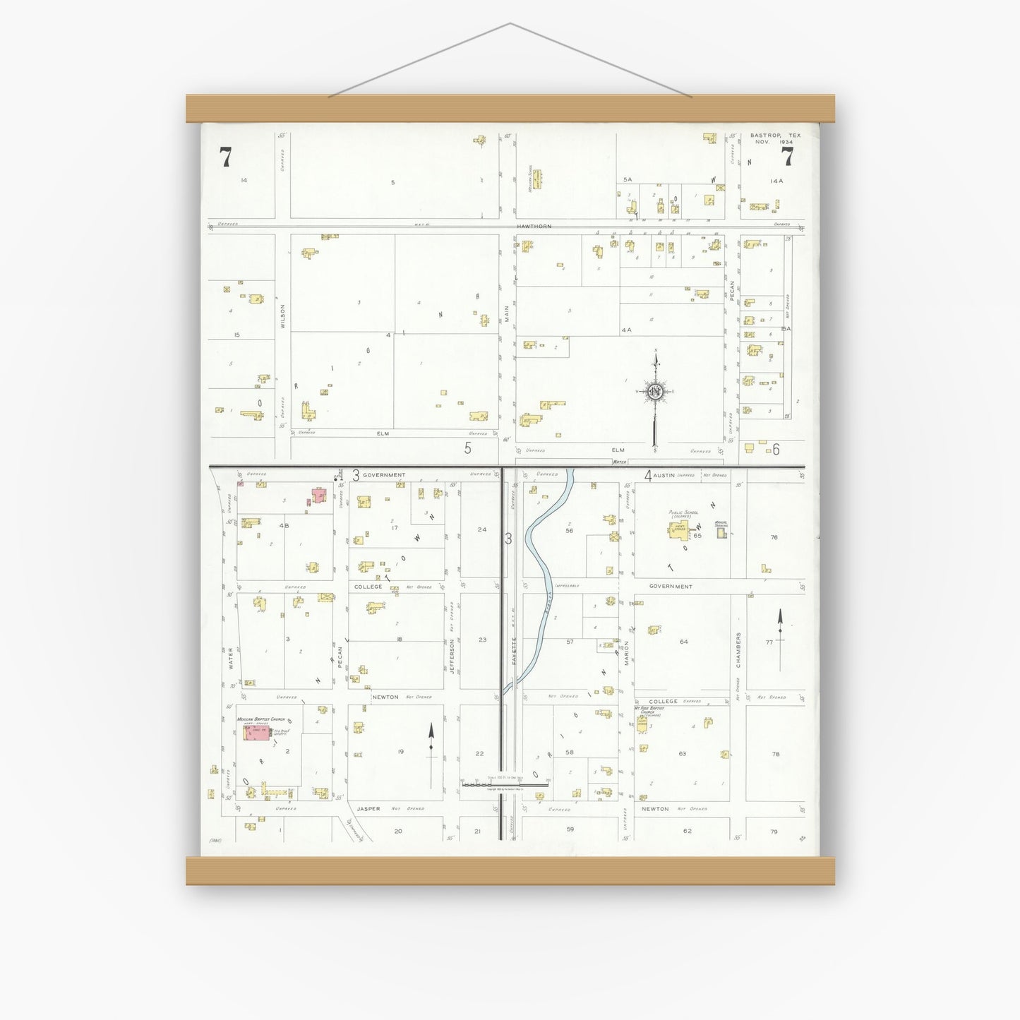 Old map wall art mockup — magnetic wood frame on white wall — Sanborn Fire Insurance Map from Bastrop, Bastrop County, Texas (1934), Sheet #0007