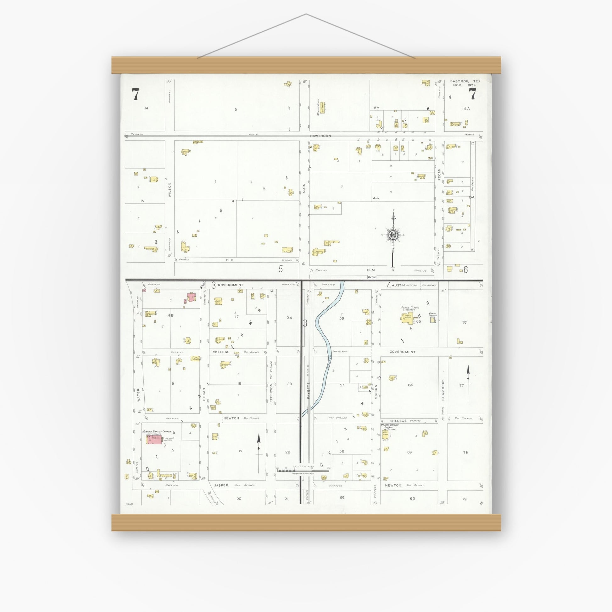 Old map wall art mockup — magnetic wood frame on white wall — Sanborn Fire Insurance Map from Bastrop, Bastrop County, Texas (1934), Sheet #0007
