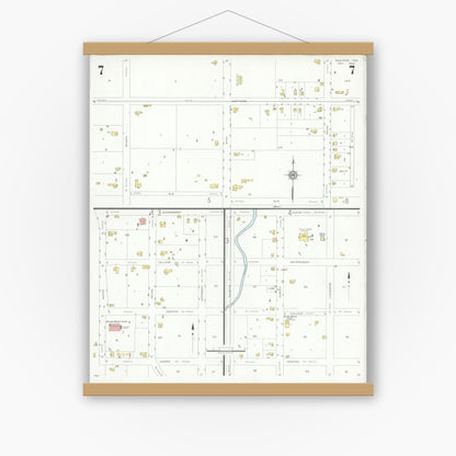 Old map wall art mockup — magnetic wood frame on white wall — Sanborn Fire Insurance Map from Bastrop, Bastrop County, Texas (1934), Sheet #0007