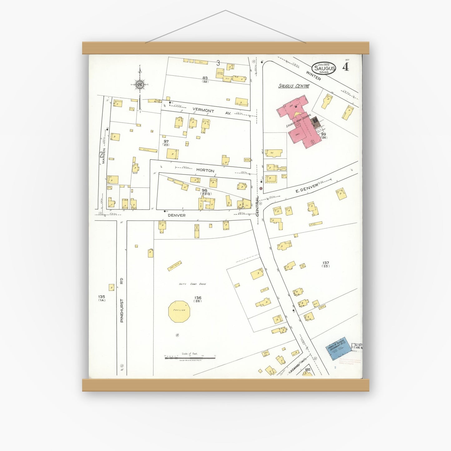 Old map wall art mockup — magnetic wood frame on white wall — Sanborn Fire Insurance Map from Saugus, Essex County, Massachusetts (1922), Sheet #0004