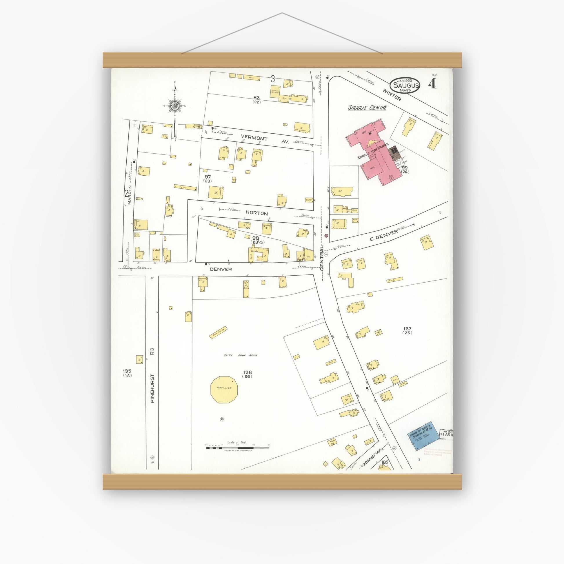Old map wall art mockup — magnetic wood frame on white wall — Sanborn Fire Insurance Map from Saugus, Essex County, Massachusetts (1922), Sheet #0004