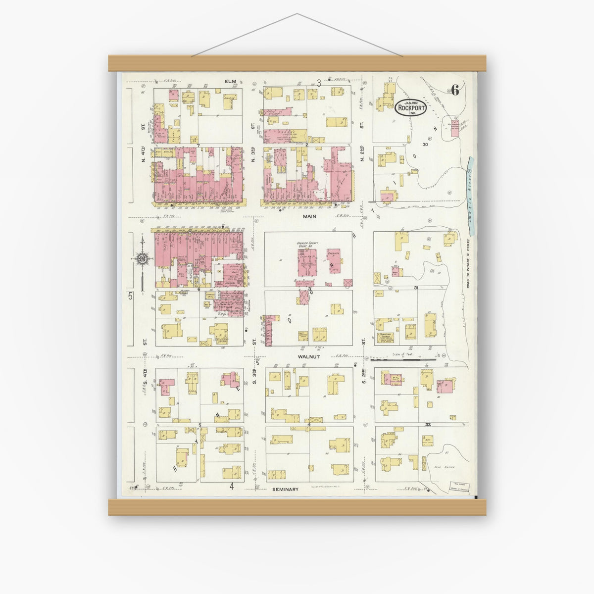 Old map wall art mockup — magnetic wood frame on white wall — Sanborn Fire Insurance Map from Rockport, Spencer County, Indiana (1917), Sheet #0006