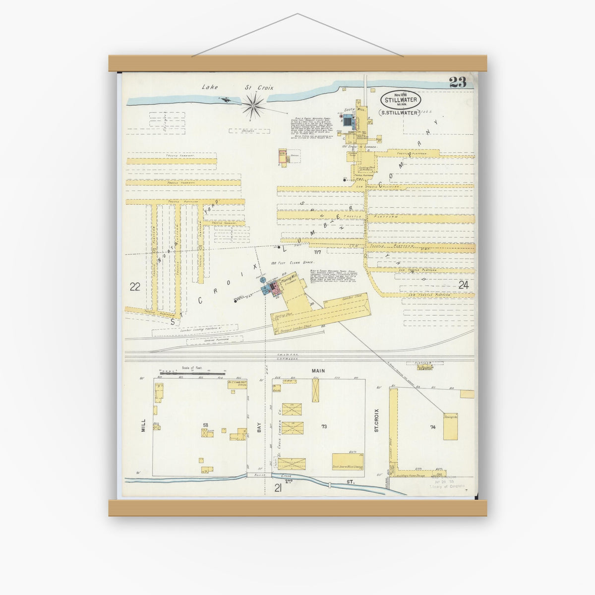 Old map wall art mockup — magnetic wood frame on white wall — Sanborn Fire Insurance Map from Stillwater, Washington County, Minnesota (1898), Sheet #0023