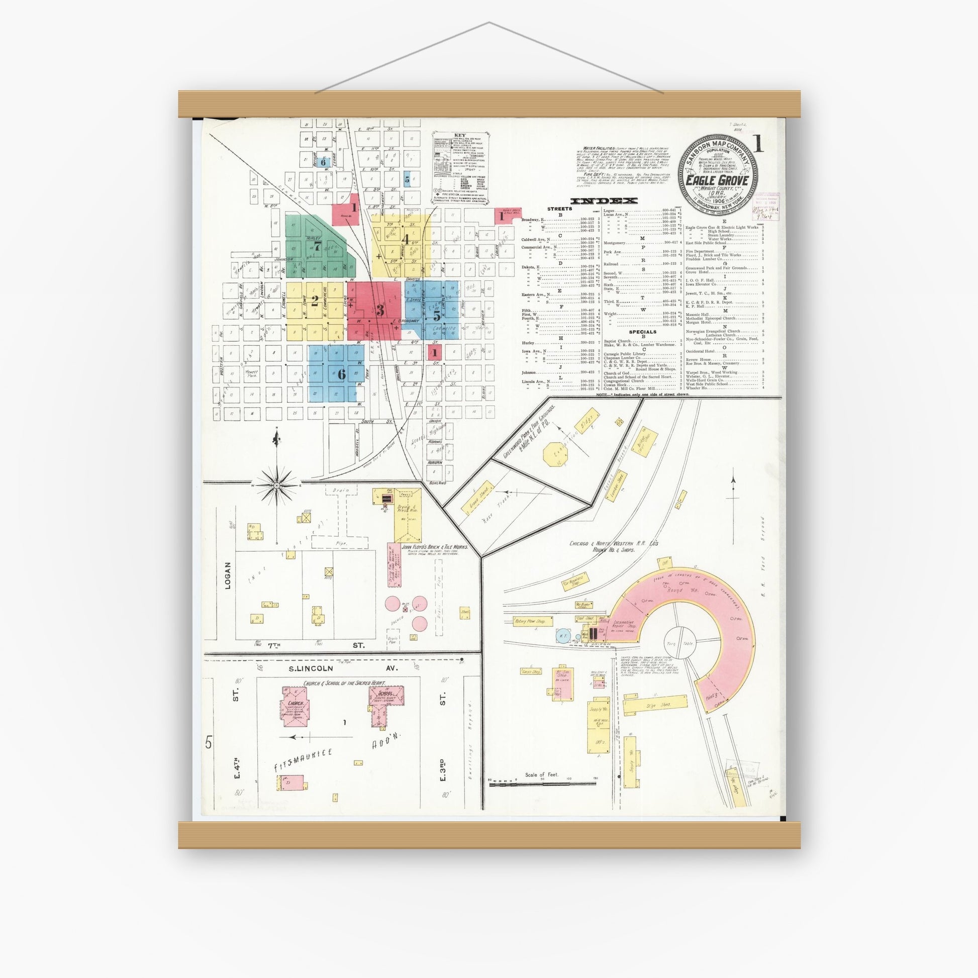Old map wall art mockup — magnetic wood frame on white wall — Sanborn Fire Insurance Map from Eagle Grove, Wright County, Iowa (1906) â€” Complete Set