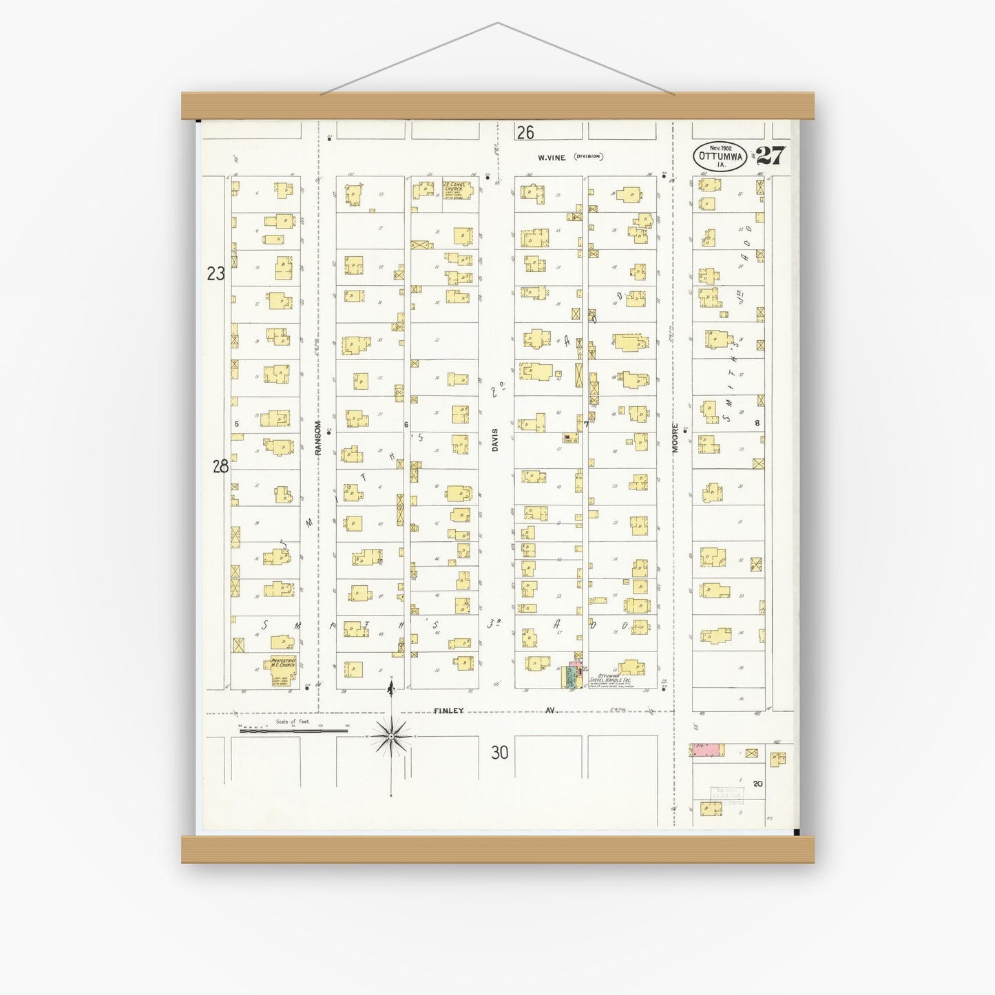 Old map wall art mockup — magnetic wood frame on white wall — Sanborn Fire Insurance Map from Ottumwa, Wapello County, Iowa (1902), Sheet #0027