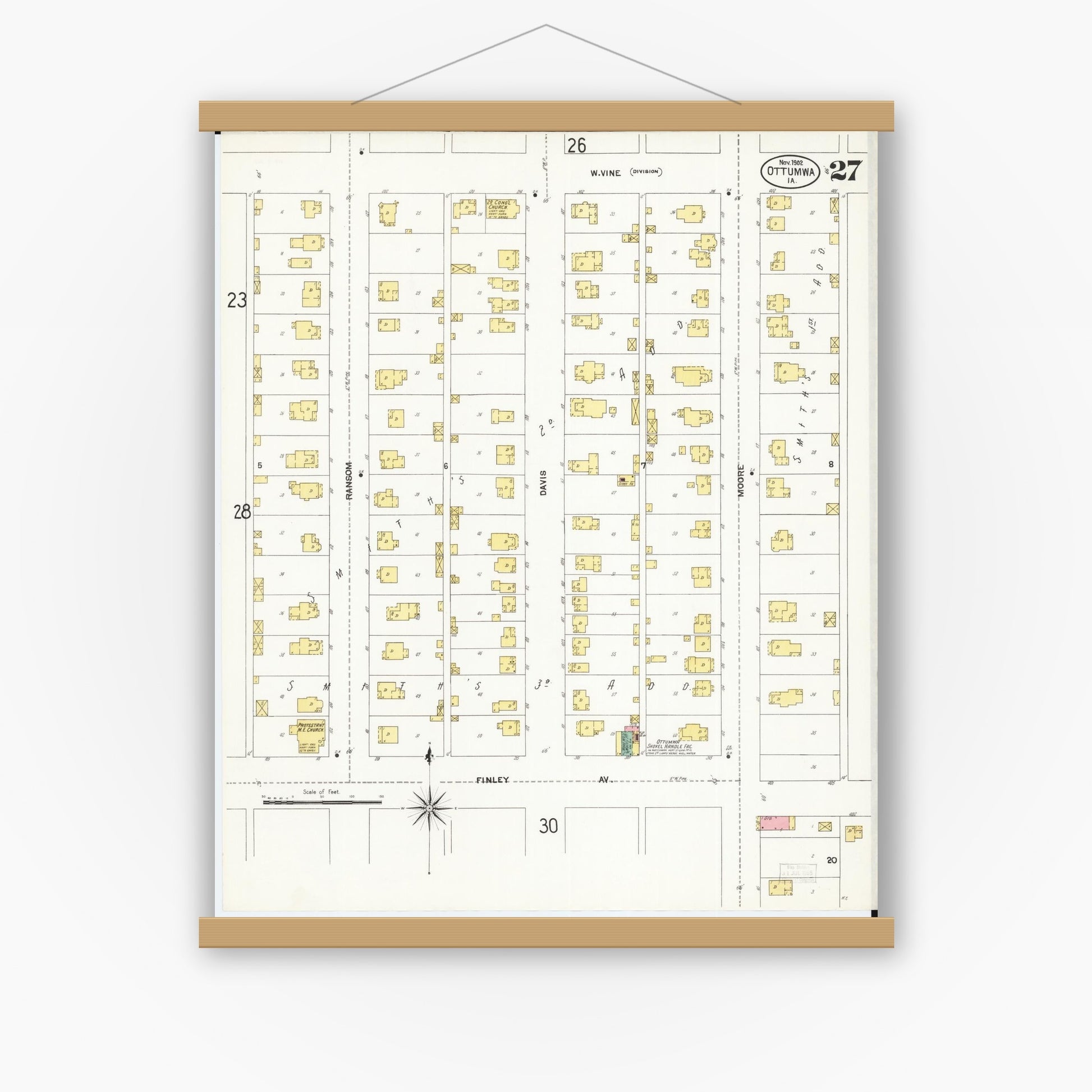 Old map wall art mockup — magnetic wood frame on white wall — Sanborn Fire Insurance Map from Ottumwa, Wapello County, Iowa (1902), Sheet #0027