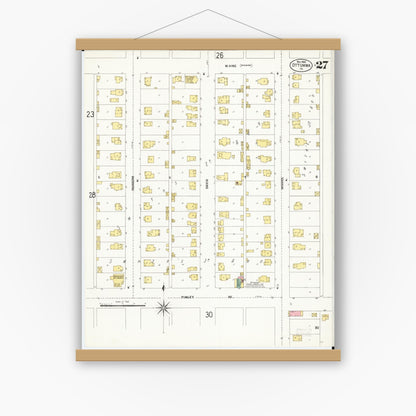 Old map wall art mockup — magnetic wood frame on white wall — Sanborn Fire Insurance Map from Ottumwa, Wapello County, Iowa (1902), Sheet #0027