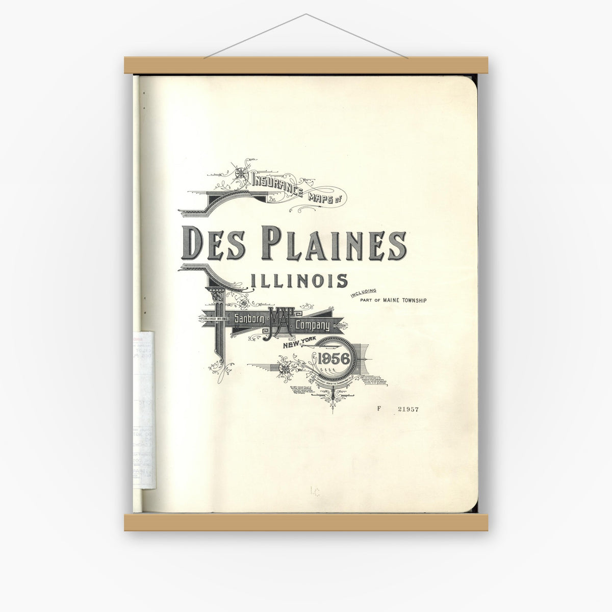 Old map wall art mockup — magnetic wood frame on white wall — Sanborn Fire Insurance Map from Des Plaines, Cook County, Illinois (1956), Sheet #0001