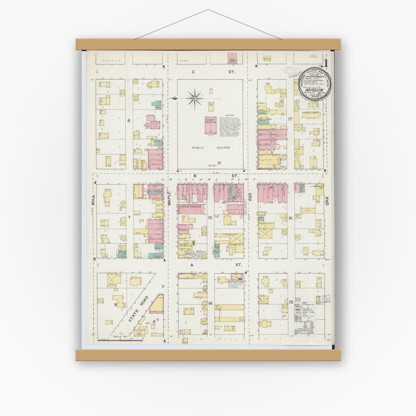 Old map wall art mockup — magnetic wood frame on white wall — Sanborn Fire Insurance Map from Mason, Ingham County, Michigan (1892) - Complete Map Set