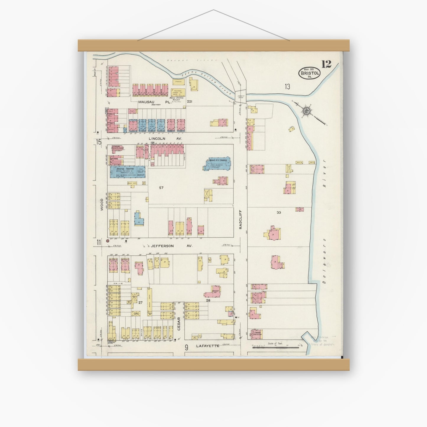 Old map wall art mockup — magnetic wood frame on white wall — Sanborn Fire Insurance Map from Bristol, Bucks County, Pennsylvania (1915), Sheet #0012